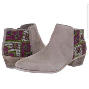 Sam Edelman, Putnam Taupe Suede Booties, Colorful Woven Back, Boho Western Ankle